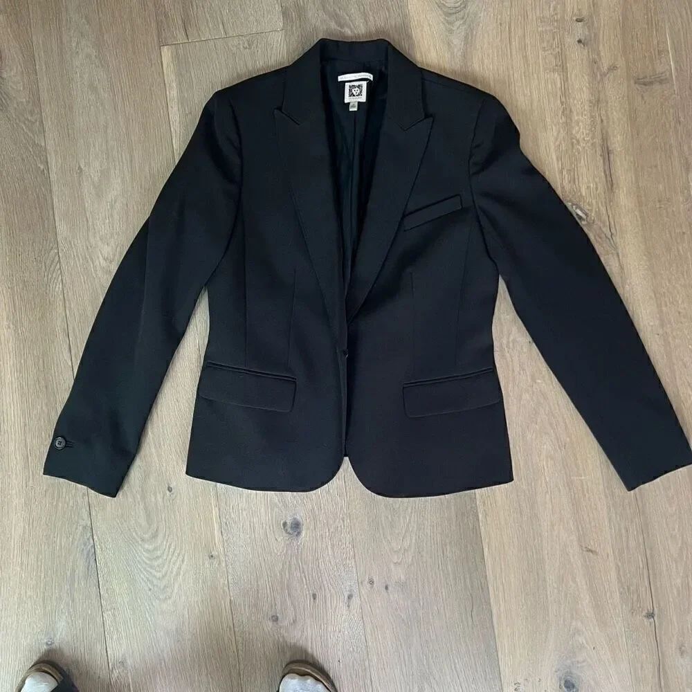 Anne Klein Womens Black Executive Collection Single Button Blazer Jacket Size 10